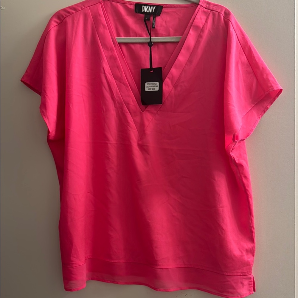 DKNY Women's Pink V-Neck Blouse with sheer inlay NWT